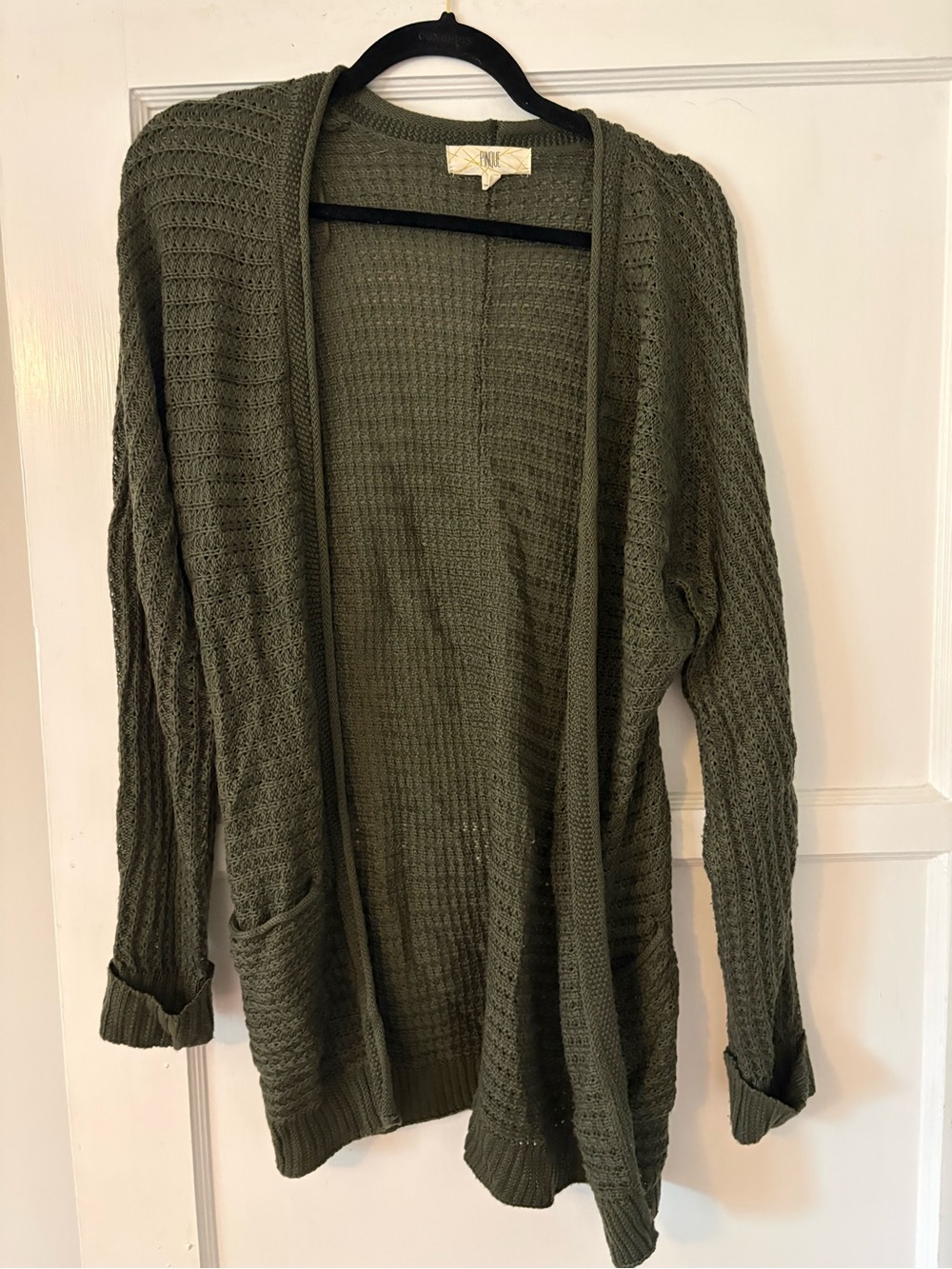 Open Front Olive Green Knit Cardigan Sweater